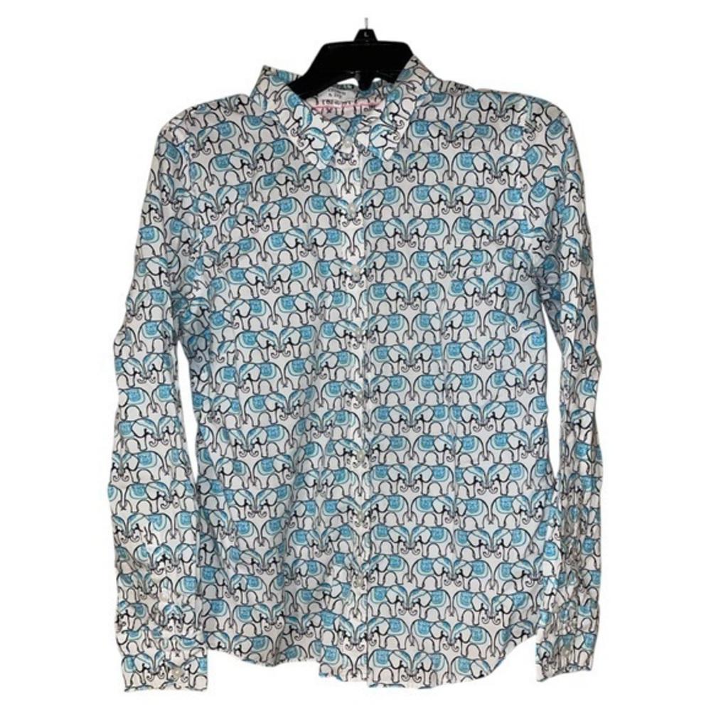 Crown & Ivy Womens Cotton Elephant Print Button Up Shirt Blouse Medium Whimsical